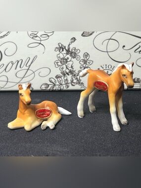 Vintage Bone China Japan Miniature Horse Figurines - Tan and White